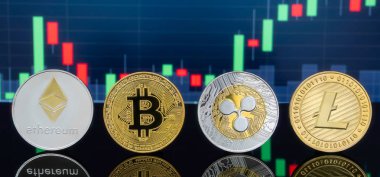 Bitcoin ve kavram - yatırım cryptocurrency fiziksel metal Bitcoin paralar ile küresel ticaret Döviz piyasa fiyatı grafiği içinde belgili tanımlık geçmiş.