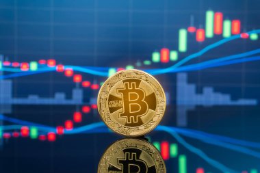 Bitcoin ve kavram - yatırım cryptocurrency fiziksel metal Bitcoin paralar ile küresel ticaret Döviz piyasa fiyatı grafiği içinde belgili tanımlık geçmiş.