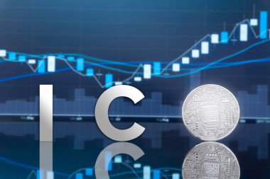 (ICO) sunan ilk madeni para ve dijital belirteci kavramı - yatırım fiziksel metal dijital paralar ile arka planda mavi küresel ticaret Döviz piyasa fiyatı grafiği.