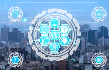 Akıllı şehir kablosuz iletişim ağı Internet şeyler (çok) ve bilgi iletişim teknolojisi (ICT) modern şehir binaları içinde belgili tanımlık geçmiş karşı grafik gösteren kavramı ile.