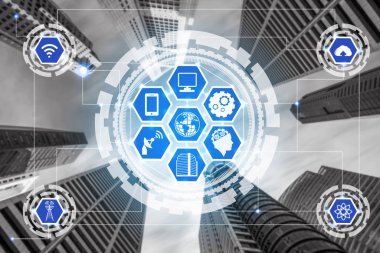 Akıllı şehir kablosuz iletişim ağı Internet şeyler (çok) ve bilgi iletişim teknolojisi (ICT) modern şehir binaları içinde belgili tanımlık geçmiş karşı grafik gösteren kavramı ile.