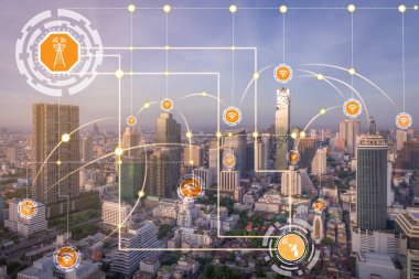 Akıllı şehir kablosuz iletişim ağı Internet şeyler (çok) ve bilgi iletişim teknolojisi (ICT) modern şehir binaları içinde belgili tanımlık geçmiş karşı grafik gösteren kavramı ile.