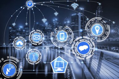 Akıllı şehir kablosuz iletişim ağı Internet şeyler (çok) ve bilgi iletişim teknolojisi (ICT) modern şehir binaları içinde belgili tanımlık geçmiş karşı grafik gösteren kavramı ile.