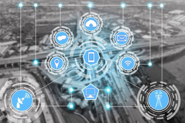 Akıllı şehir kablosuz iletişim ağı Internet şeyler (çok) ve bilgi iletişim teknolojisi (ICT) modern şehir binaları içinde belgili tanımlık geçmiş karşı grafik gösteren kavramı ile.