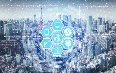 Akıllı şehir kablosuz iletişim ağı Internet şeyler (çok) ve bilgi iletişim teknolojisi (ICT) modern şehir binaları içinde belgili tanımlık geçmiş karşı grafik gösteren kavramı ile.