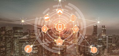 Akıllı şehir kablosuz iletişim ağı Internet şeyler (çok) ve bilgi iletişim teknolojisi (ICT) modern şehir binaları içinde belgili tanımlık geçmiş karşı grafik gösteren kavramı ile.