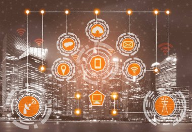 Akıllı şehir kablosuz iletişim ağı Internet şeyler (çok) ve bilgi iletişim teknolojisi (ICT) modern şehir binaları içinde belgili tanımlık geçmiş karşı grafik gösteren kavramı ile.