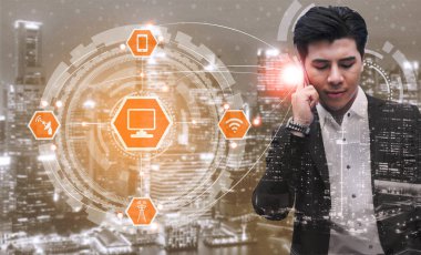 Akıllı şehir kablosuz iletişim ağı Internet şeyler (çok) ve bilgi iletişim teknolojisi (ICT) modern şehir binaları içinde belgili tanımlık geçmiş karşı grafik gösteren kavramı ile.