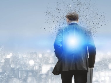 İş takım modern iş binalar ve arka planda cityscape çekip içinde işadamı gerçeküstü resmini. Dijital yenilik ve teknoloji bozulma kavramı.