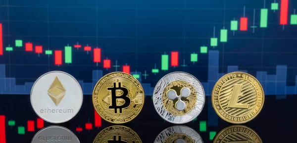 Bitcoin Cryptocurrency Fogalom Befektetés Globális Kereskedelmi Exchange Piaci Chart Háttérben — Stock Fotó