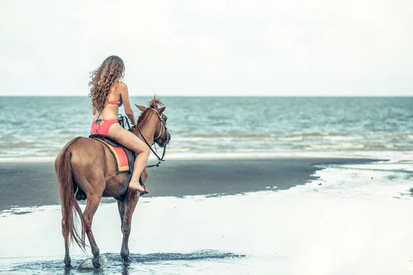 Donna Modella Moda Cavallo Sulla Spiaggia Estate Vacanza Lusso — Foto Stock