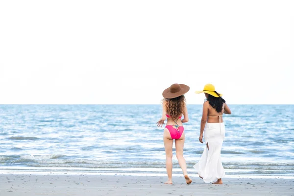 Happy Women Bikinis Sunbathing Together Tropical Sand Beach Summer Vacation — Stock Photo, Image