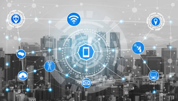 Akıllı şehir kablosuz iletişim ağı Internet şeyler (çok) ve bilgi iletişim teknolojisi (ICT) modern şehir binaları içinde belgili tanımlık geçmiş karşı grafik gösteren kavramı ile.