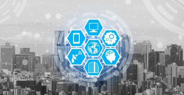 Akıllı şehir kablosuz iletişim ağı Internet şeyler (çok) ve bilgi iletişim teknolojisi (ICT) modern şehir binaları içinde belgili tanımlık geçmiş karşı grafik gösteren kavramı ile.