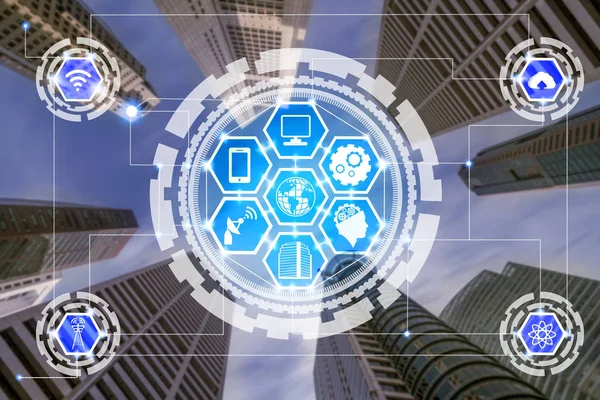 Akıllı şehir kablosuz iletişim ağı Internet şeyler (çok) ve bilgi iletişim teknolojisi (ICT) modern şehir binaları içinde belgili tanımlık geçmiş karşı grafik gösteren kavramı ile.