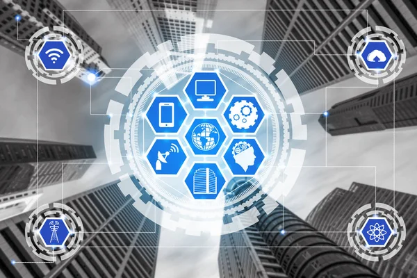 Akıllı şehir kablosuz iletişim ağı Internet şeyler (çok) ve bilgi iletişim teknolojisi (ICT) modern şehir binaları içinde belgili tanımlık geçmiş karşı grafik gösteren kavramı ile.