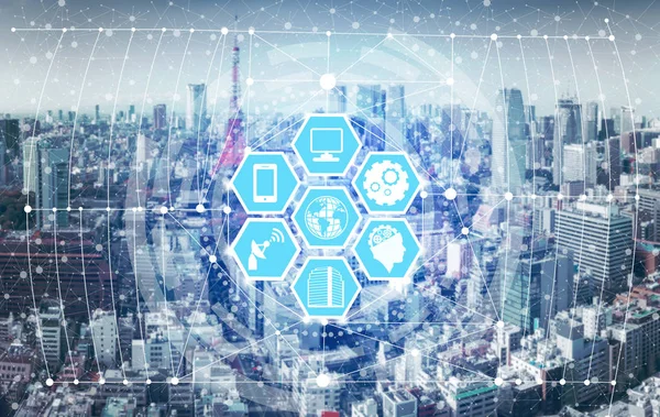 Akıllı şehir kablosuz iletişim ağı Internet şeyler (çok) ve bilgi iletişim teknolojisi (ICT) modern şehir binaları içinde belgili tanımlık geçmiş karşı grafik gösteren kavramı ile.