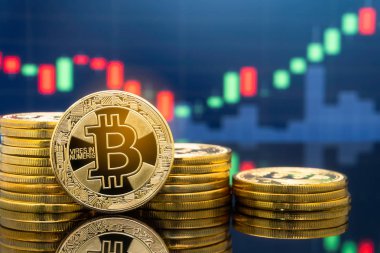 Bitcoin ve kavram - yatırım cryptocurrency fiziksel metal Bitcoin paralar ile küresel ticaret Döviz piyasa fiyatı grafiği içinde belgili tanımlık geçmiş.