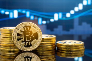 Bitcoin ve kavram - yatırım cryptocurrency fiziksel metal Bitcoin paralar ile küresel ticaret Döviz piyasa fiyatı grafiği içinde belgili tanımlık geçmiş.
