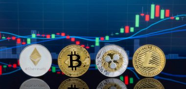 Bitcoin ve kavram - yatırım cryptocurrency fiziksel metal Bitcoin paralar ile küresel ticaret Döviz piyasa fiyatı grafiği içinde belgili tanımlık geçmiş.