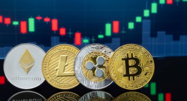 Bitcoin ve kavram - yatırım cryptocurrency fiziksel metal Bitcoin paralar ile küresel ticaret Döviz piyasa fiyatı grafiği içinde belgili tanımlık geçmiş.