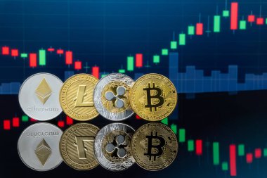 Bitcoin ve kavram - yatırım cryptocurrency fiziksel metal Bitcoin paralar ile küresel ticaret Döviz piyasa fiyatı grafiği içinde belgili tanımlık geçmiş.