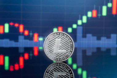 Litecoin (Ltc) ve cryptocurrency yatırım kavramı - fiziksel metal litecoin genel ticaret Döviz piyasa fiyatı grafik içinde belgili tanımlık geçmiş ile madeni paralar.