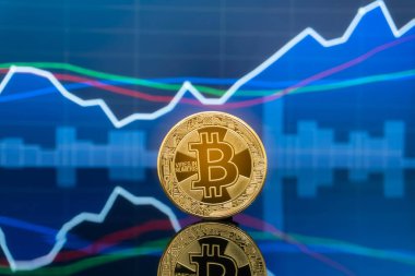 Bitcoin ve kavram - yatırım cryptocurrency fiziksel metal Bitcoin paralar ile küresel ticaret Döviz piyasa fiyatı grafiği içinde belgili tanımlık geçmiş.