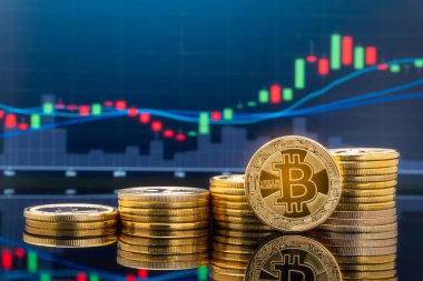 Bitcoin ve kavram - yatırım cryptocurrency fiziksel metal Bitcoin paralar ile küresel ticaret Döviz piyasa fiyatı grafiği içinde belgili tanımlık geçmiş.
