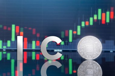 (ICO) sunan ilk madeni para ve dijital belirteci kavramı - yatırım fiziksel metal dijital paralar ile arka planda mavi küresel ticaret Döviz piyasa fiyatı grafiği.