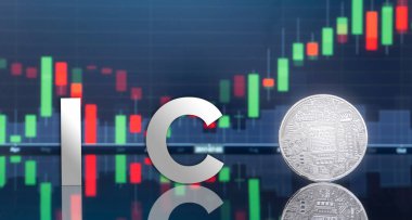 (ICO) sunan ilk madeni para ve dijital belirteci kavramı - yatırım fiziksel metal dijital paralar ile arka planda mavi küresel ticaret Döviz piyasa fiyatı grafiği.