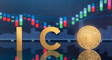 (ICO) sunan ilk madeni para ve dijital belirteci kavramı - yatırım fiziksel metal dijital paralar ile arka planda mavi küresel ticaret Döviz piyasa fiyatı grafiği.