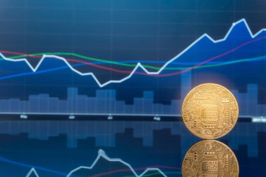 (ICO) sunan ilk madeni para ve dijital para kavramı - yatırım fiziksel metal dijital paralar ile arka planda mavi küresel ticaret Döviz piyasa fiyatı grafiği.