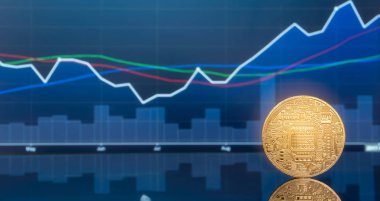 (ICO) sunan ilk madeni para ve dijital para kavramı - yatırım fiziksel metal dijital paralar ile arka planda mavi küresel ticaret Döviz piyasa fiyatı grafiği.