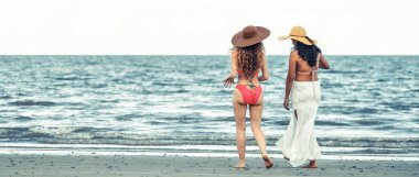 Bikinili mutlu kadın birlikte yaz tatil tropikal kum plaj güneşlenme gitmek. Seyahat yaşam tarzı.