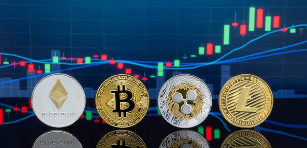比特币和 Cryptocurrency 投资理念 物理金属比特币硬币与全球交易交易所市场价格图表的背景下 — 图库照片