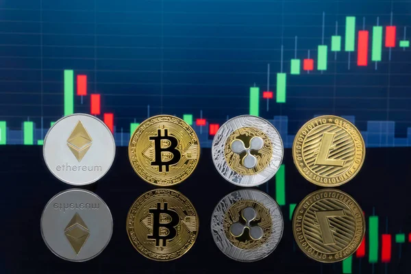 Bitcoin Cryptocurrency Fogalom Befektetés Globális Kereskedelmi Exchange Piaci Chart Háttérben — Stock Fotó
