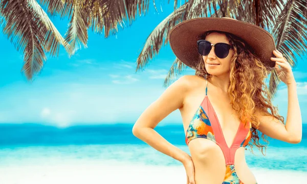Happy Young Woman Wearing Swimsuit Tropical Sand Beach Resort Summer — Stock Photo, Image