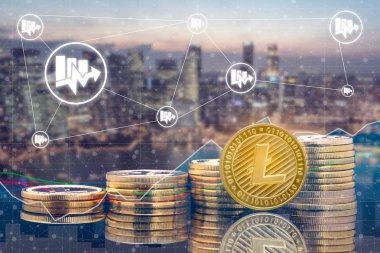 Piyasa ticaret fiyat tablosu Litecoin Ltc ve kavram - fiziksel Litecoin paralar şehir arka plan ve exchange ile yatırım cryptocurrency. Blockchain ve finans teknolojileri.