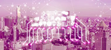 Akıllı şehir kablosuz iletişim ağı Internet şeyler (çok) ve bilgi iletişim teknolojisi (ICT) modern şehir binaları içinde belgili tanımlık geçmiş karşı grafik gösteren kavramı ile.