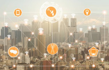 Akıllı şehir kablosuz iletişim ağı Internet şeyler (çok) ve bilgi iletişim teknolojisi (ICT) modern şehir binaları içinde belgili tanımlık geçmiş karşı grafik gösteren kavramı ile.