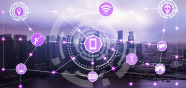 Akıllı şehir kablosuz iletişim ağı Internet şeyler (çok) ve bilgi iletişim teknolojisi (ICT) modern şehir binaları içinde belgili tanımlık geçmiş karşı grafik gösteren kavramı ile.
