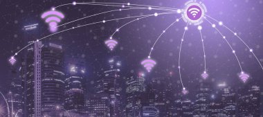 Akıllı şehir kablosuz iletişim ağı Internet şeyler (çok) ve bilgi iletişim teknolojisi (ICT) modern şehir binaları içinde belgili tanımlık geçmiş karşı grafik gösteren kavramı ile.