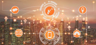 Akıllı şehir kablosuz iletişim ağı Internet şeyler (çok) ve bilgi iletişim teknolojisi (ICT) modern şehir binaları içinde belgili tanımlık geçmiş karşı grafik gösteren kavramı ile.