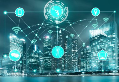 Akıllı şehir kablosuz iletişim ağı Internet şeyler (çok) ve bilgi iletişim teknolojisi (ICT) modern şehir binaları içinde belgili tanımlık geçmiş karşı grafik gösteren kavramı ile.