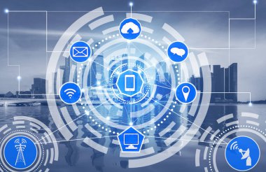 Akıllı şehir kablosuz iletişim ağı Internet şeyler (çok) ve bilgi iletişim teknolojisi (ICT) modern şehir binaları içinde belgili tanımlık geçmiş karşı grafik gösteren kavramı ile.