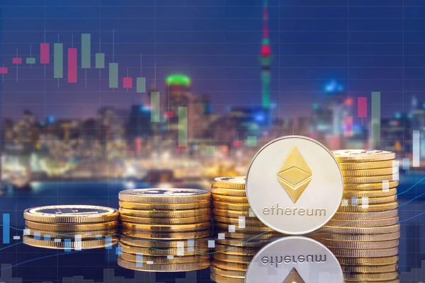 Ethereum Eth Cryptocurrency Investing Concept Physical Ethereum Coins City Background — Stock Photo, Image