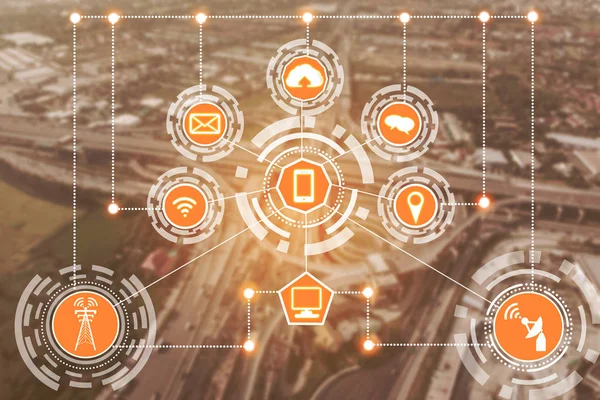 스마트 네트워크 인터넷 Iot 배경에서 건물에 Ict 개념으로 그래픽 — 스톡 사진