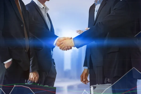 Doppelbelichtung Geschäftsleute Handschlag Vereinbarung Mit Stadtbild Hintergrund Business Executive Meeting — Stockfoto