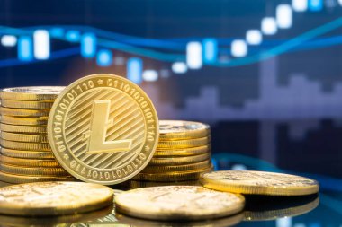 Litecoin (Ltc) ve cryptocurrency yatırım kavramı - fiziksel metal litecoin genel ticaret Döviz piyasa fiyatı grafik içinde belgili tanımlık geçmiş ile madeni paralar.